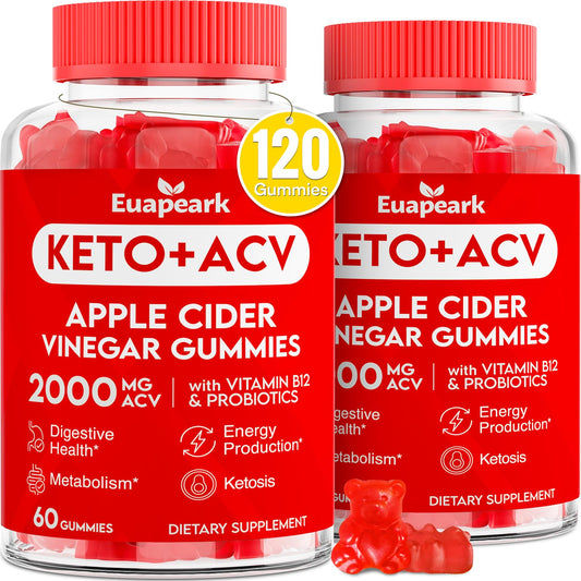 Apple Cider Vinegar Gummies, Keto ACV Gummies with Probiotics, Vitamin B12 & Keto Support, 2000 mg ACV with Mother for Digestion, Metabolism, Cleanse & Detox Diet, Vegan, Low Sugar, 120 Counts