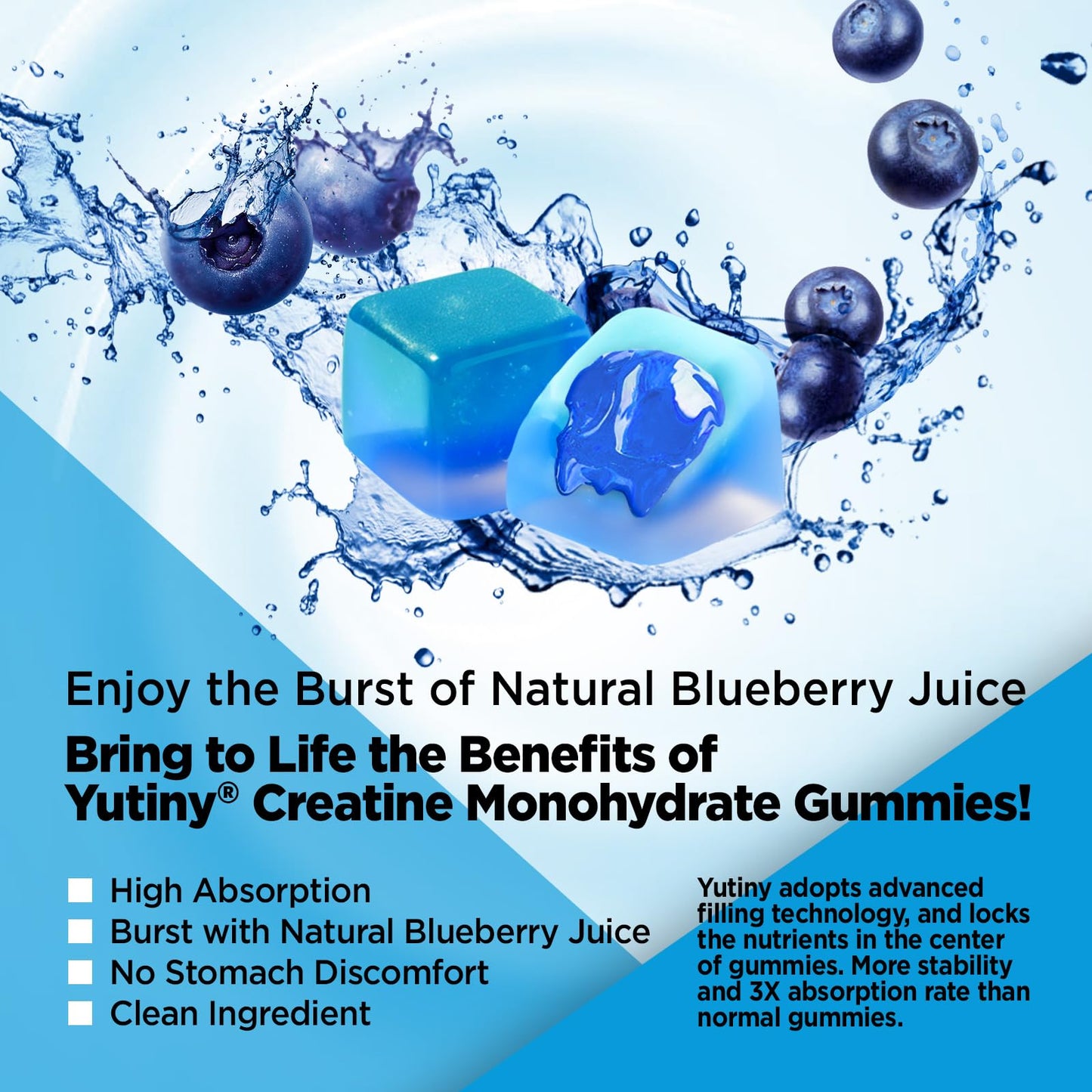 Yutiny Creatine Monohydrate Filled Gummies, Creatine Monohydrate Chews for Men & Women, Extra Strength for Muscle Growth, Blueberry Flavor, 60 Chewables, 1 Month Supply