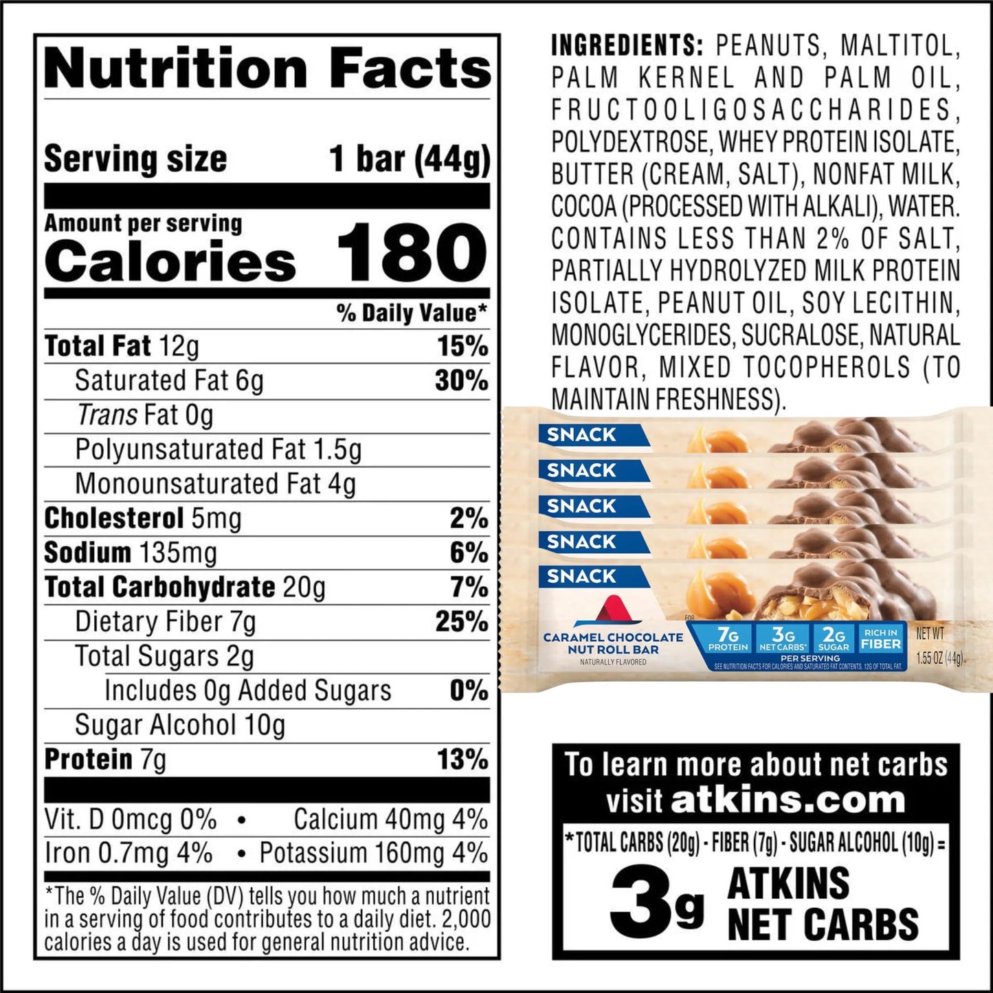 Atk-ins Caramel Chocolate Nut Roll Snack Bar, Protein Snack, High in Fiber,2g Sugar caramel chocolate bar Nut Roll 1.55 oz bars10 count