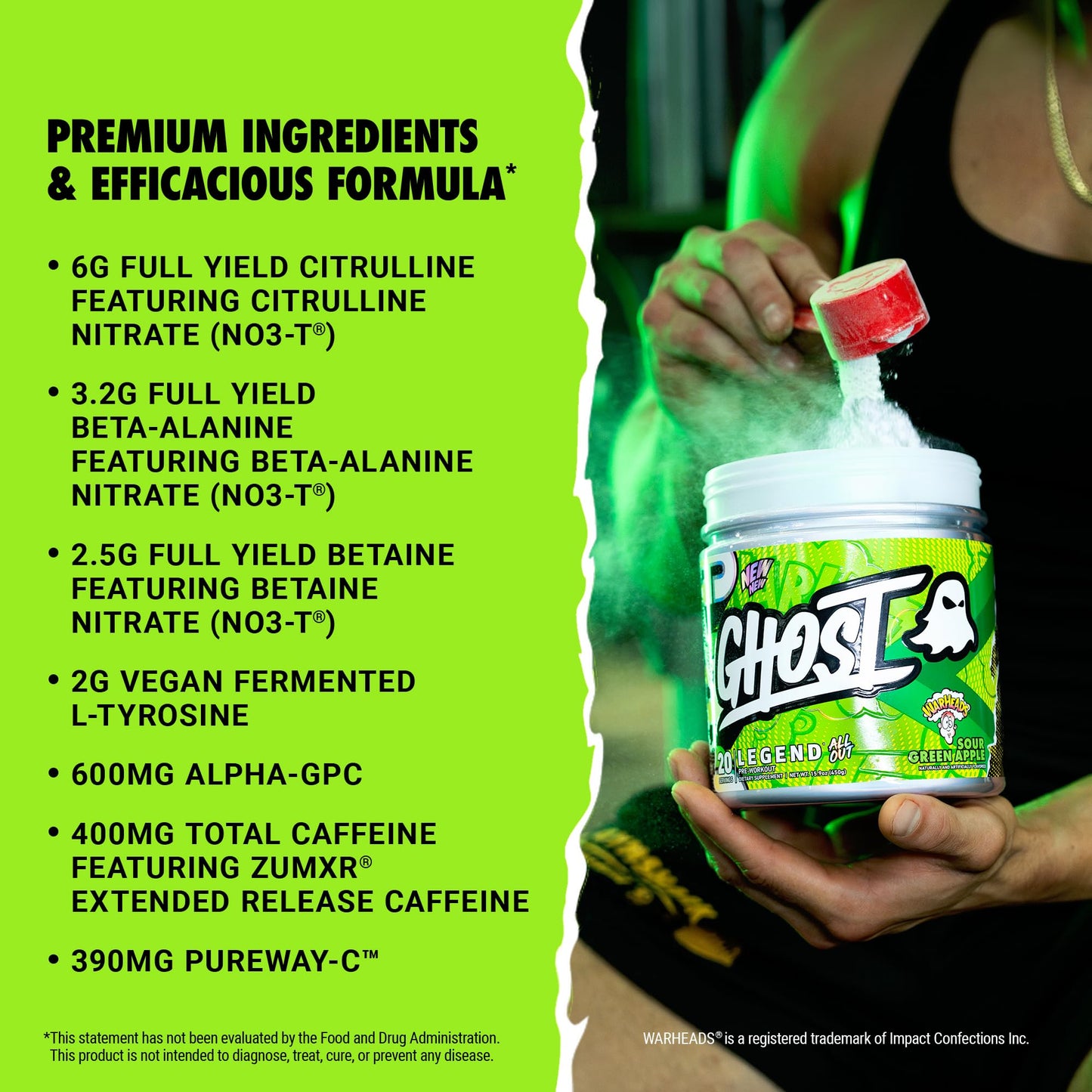 GHOST Legend All Out V2 Pre-Workout Powder, Warheads Sour Green Apple - 20 Servings - Pre-Workout Supplement for Men & Women - Energy & Pumps - Caffeine, Citrulline, Beta Alanine, Betaine & NO3-T