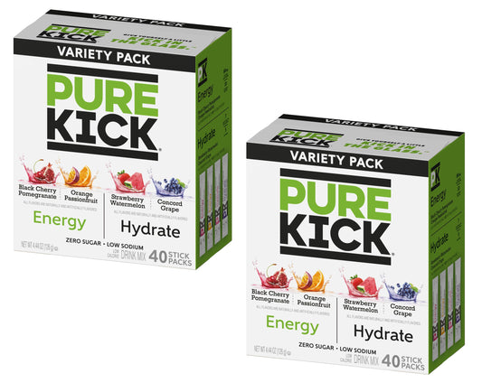 Pure Kick Hydrate and Energy Variety Pack  40 Sticks per Box  Pack of 2 Boxes  Powdered Drink Mix  2 Flavors of Energy and 2 Hydrate Flavors  Zero Sugar