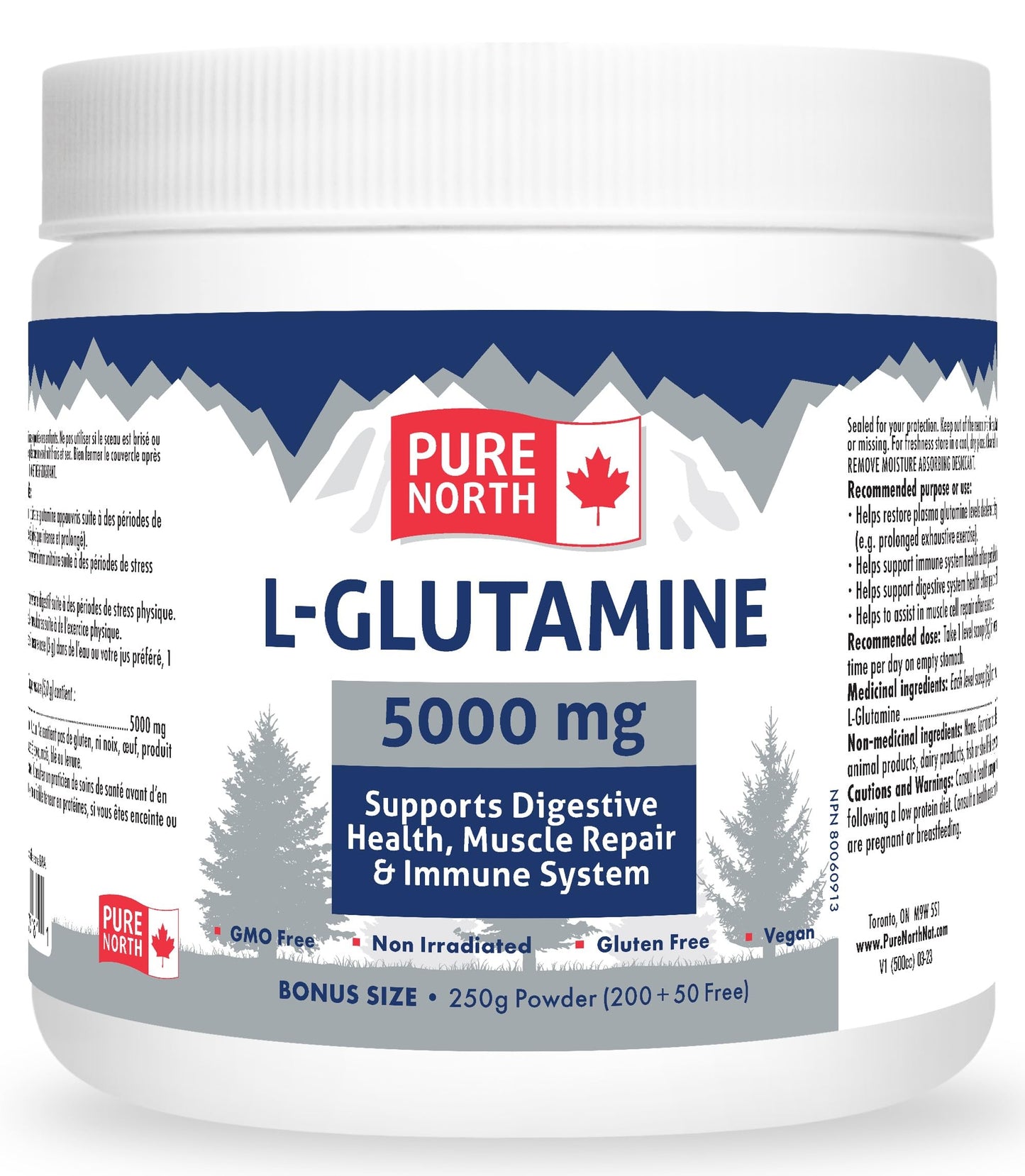 PURE NORTH NATURALS - L-Glutamine 5000mg, 250g - Gut L-Glutamine Powder Gut Health - Digestive Health - Support Muscle Repair & Support Immune System - 3rd Party Tested - Formulated & Made in Canada