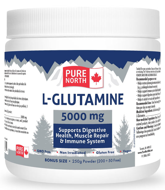 PURE NORTH NATURALS - L-Glutamine 5000mg, 250g - Gut L-Glutamine Powder Gut Health - Digestive Health - Support Muscle Repair & Support Immune System - 3rd Party Tested - Formulated & Made in Canada