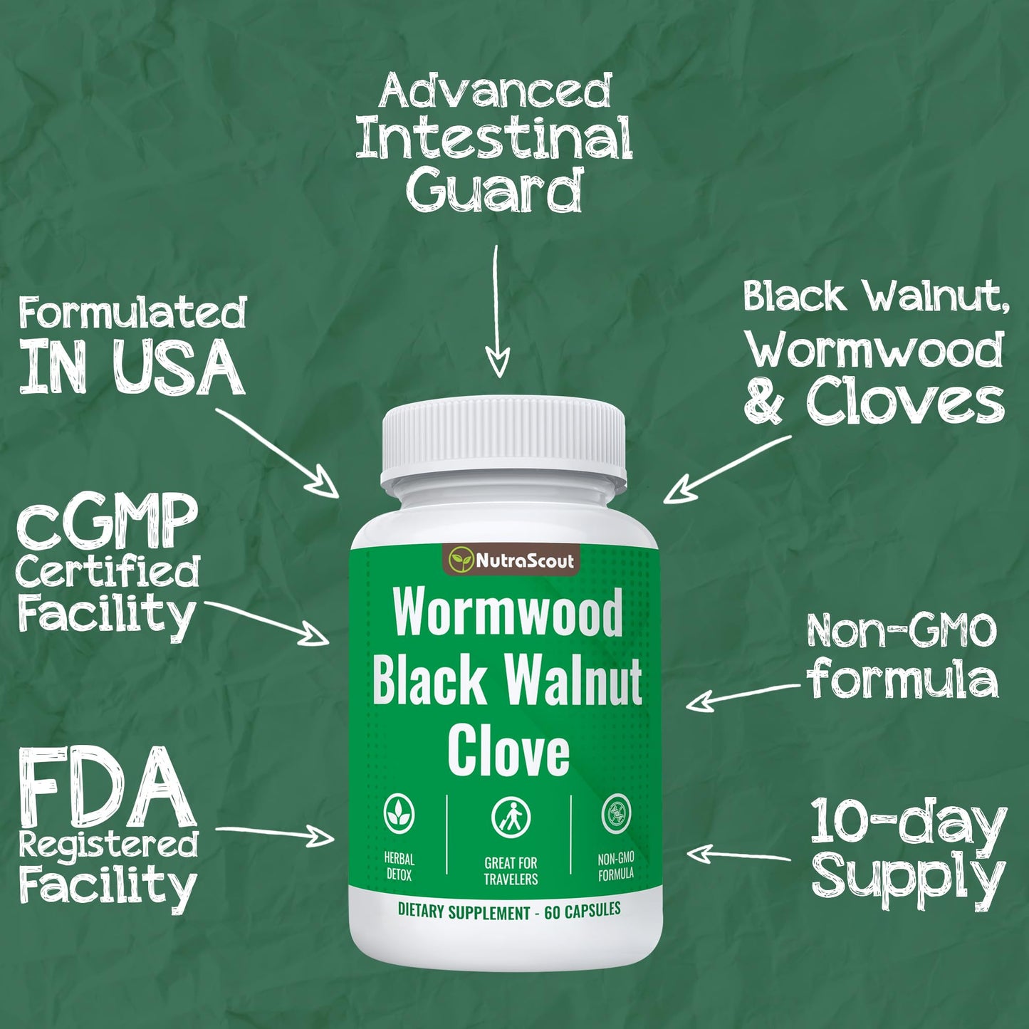 NutraScout Wormwood, Black Walnut & Clove Complex | Whole Body Detox Cleanse | Lab Tested, USA Made, Non-GMO, Easy to Swallow | 60 Capsules