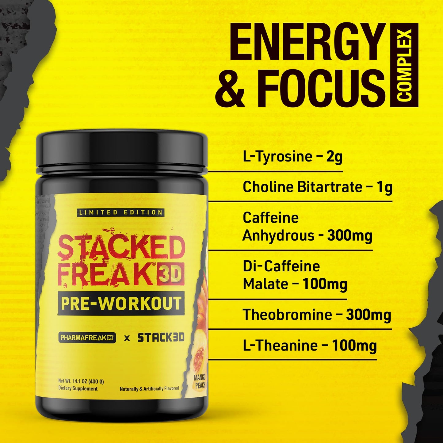 Pharmafreak X Stack3D: Stacked Freak 3D Pre-Workout PWO - Limited Edition - Mango Peach - 14.1 oz (400 g)