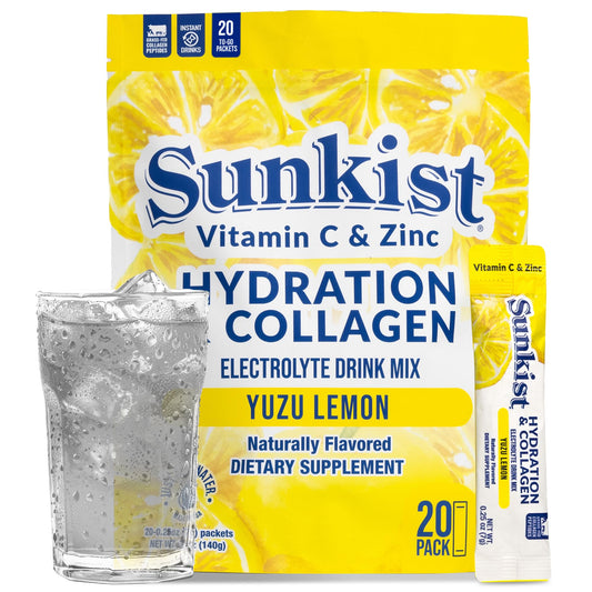 The Frozen Bean Harmony Proteins- Sunkist Collagen Drink Mix - Hydration Yuzu Lemon Electrolyte Drink for Women with Vitamin C, Zinc, Collagen Peptides, Naturally Flavored - 20 Pack