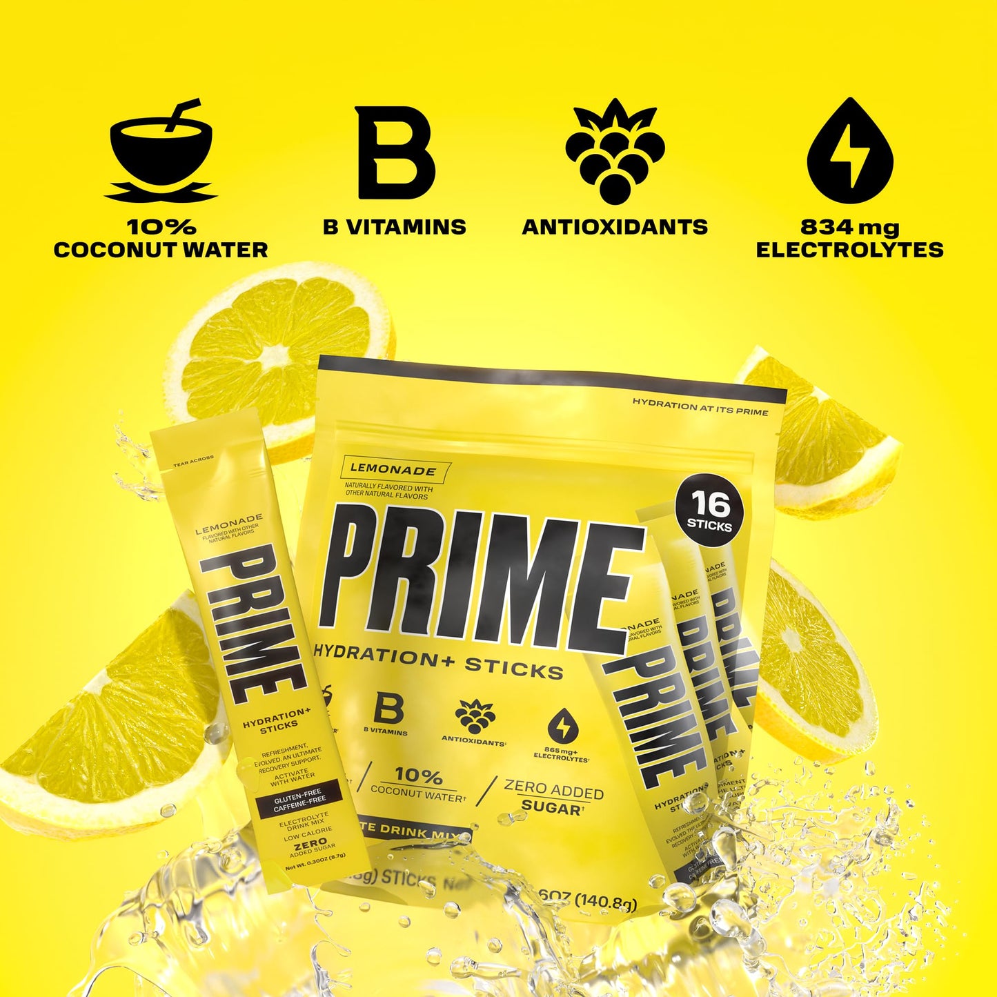 PRIME HYDRATION+ Sticks Lemonade | Hydration Powder Single Serve Sticks | Electrolyte Powder On The Go | Low Sugar | Caffeine-Free | Vegan | 16 Sticks
