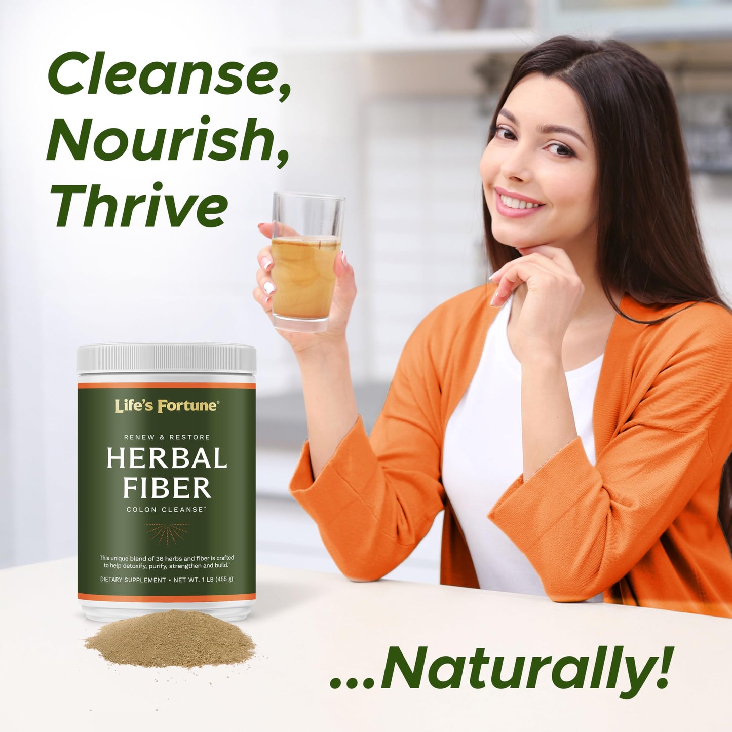 Life's Fortune Organic 100% Natural Herbal Fiber Unflavored Powder Gut Health Drink Supplement with Apple Fiber, Non-GMO, Soy & Gluten-Free, 455g (50 Servings)
