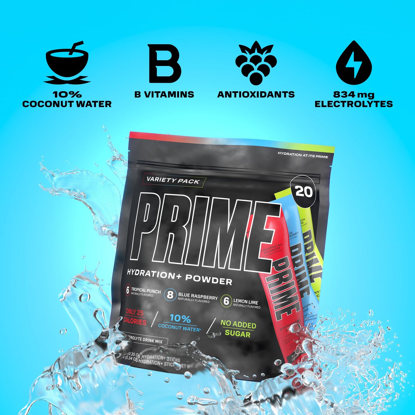 PRIME HYDRATION+ Sticks VARIETY PACK | Hydration Powder Single Serve | Electrolyte Powder On The Go | Low Sugar | Caffeine-Free | Vegan | 20 Sticks