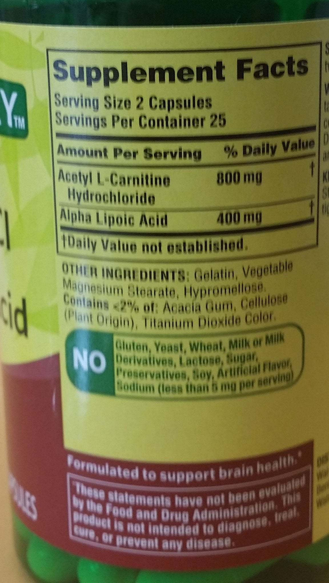 Spring Valley - Acetyl L-Carnitine 800mg Plus Alpha Lipoic Acid 400mg, 50 Capsules