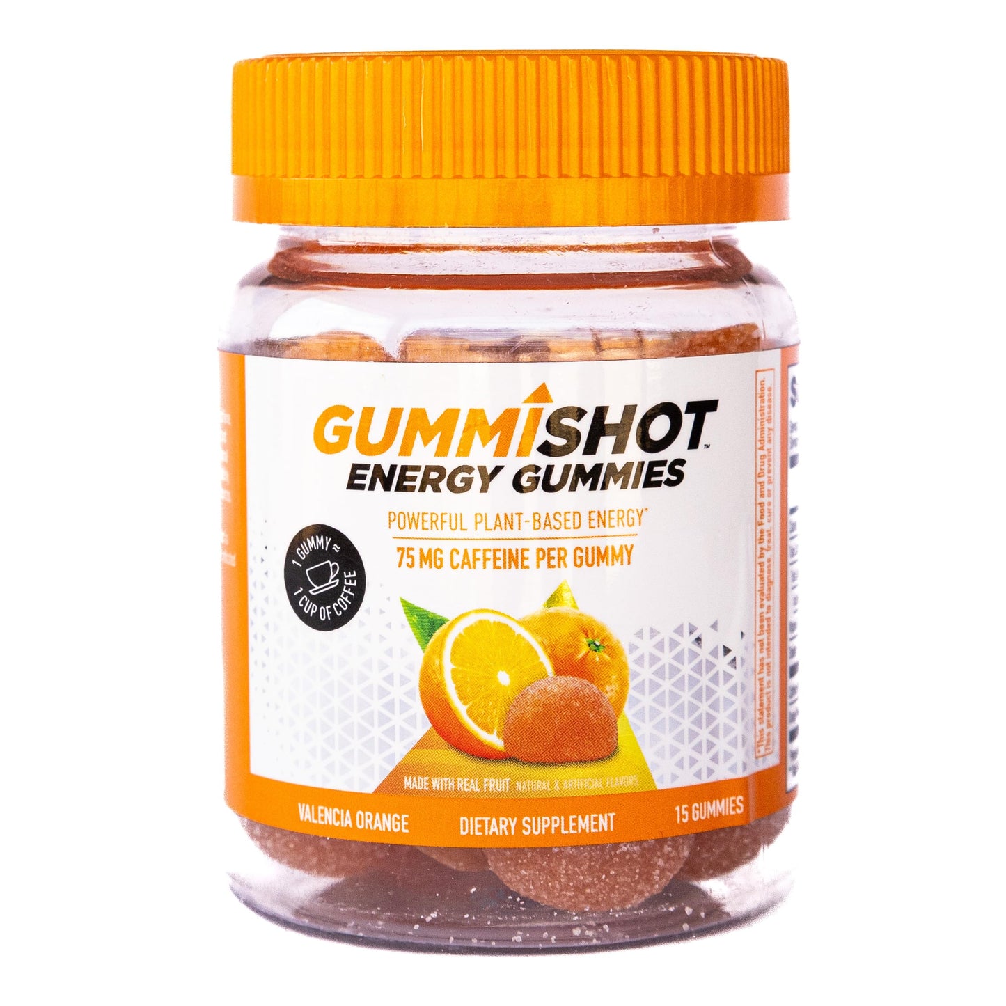 GummiShot Energy Gummies, 1125 mg of Plant-Based Caffeine Chews per Bottle, Long Lasting Energy Boosters, Valencia Orange (15ct)