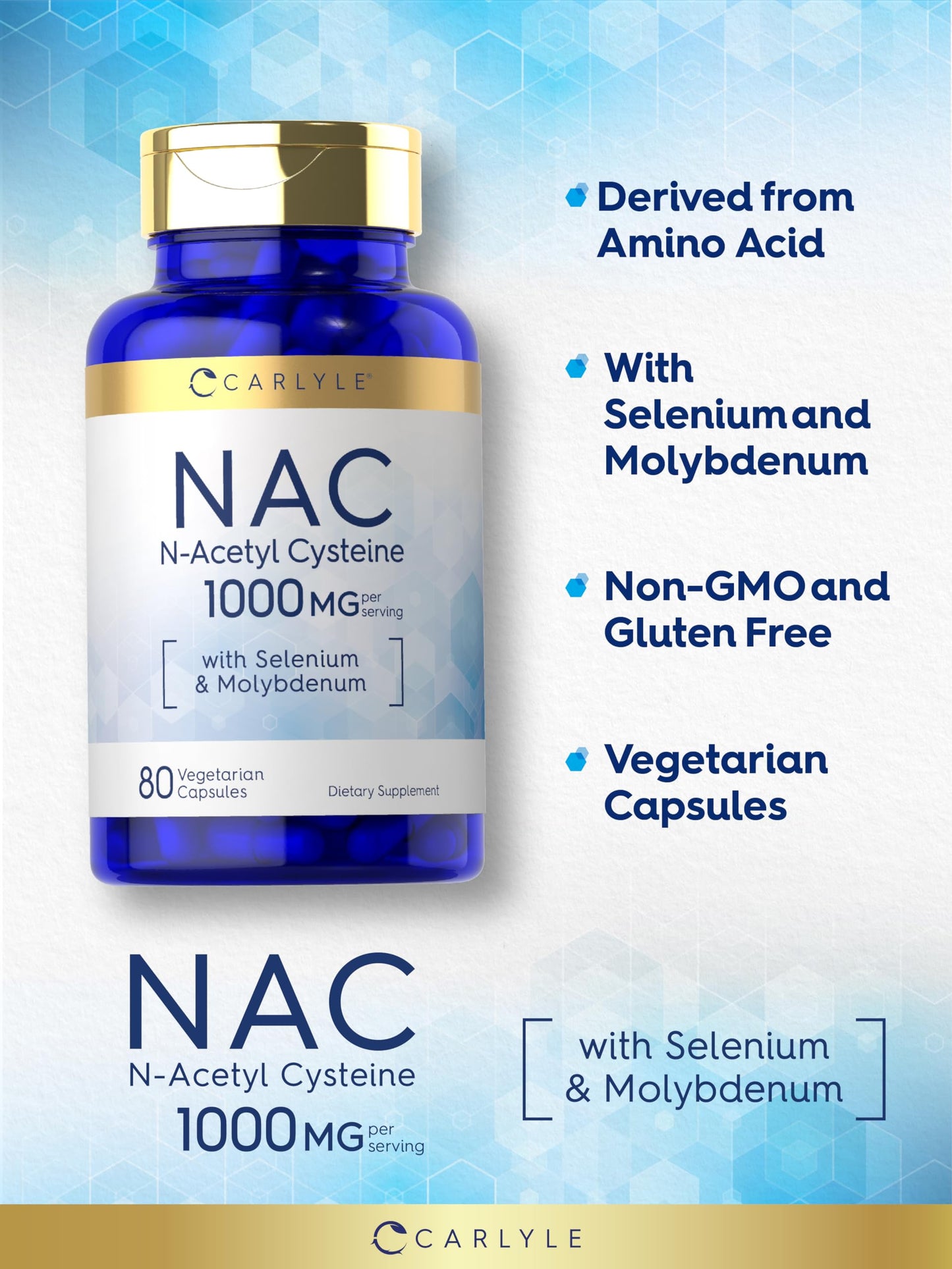 Carlyle NAC Supplement N-Acetyl Cysteine | 1000 mg | 80 Capsules | with Selenium & Molybdenum | Vegetarian, Non-GMO & Gluten Free