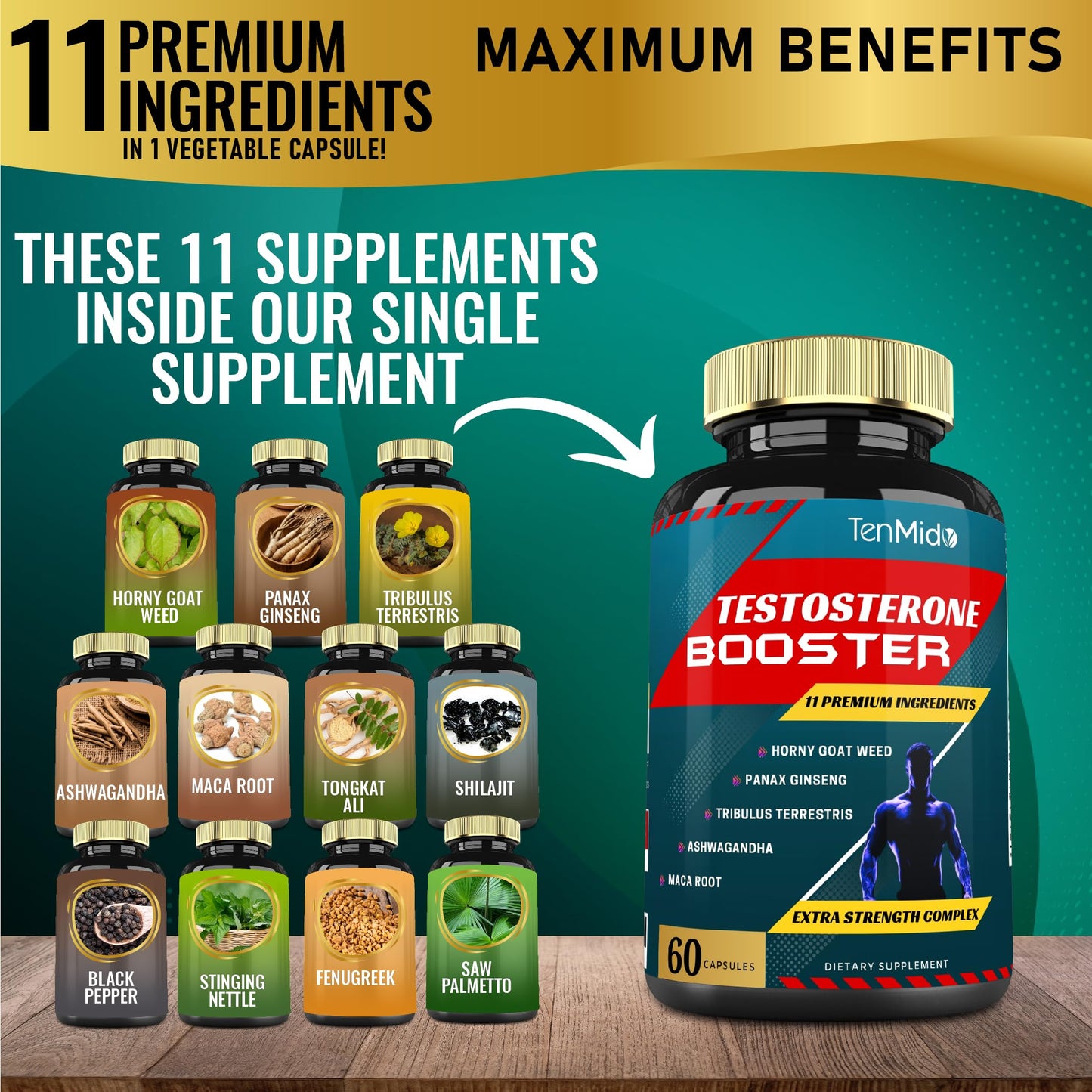 Tenmido Testosterone Booster for Men- Natural Stamina, Endurance & Strength Supplement - Muscle Building Growth, Increasing Performance, Boosts Energy