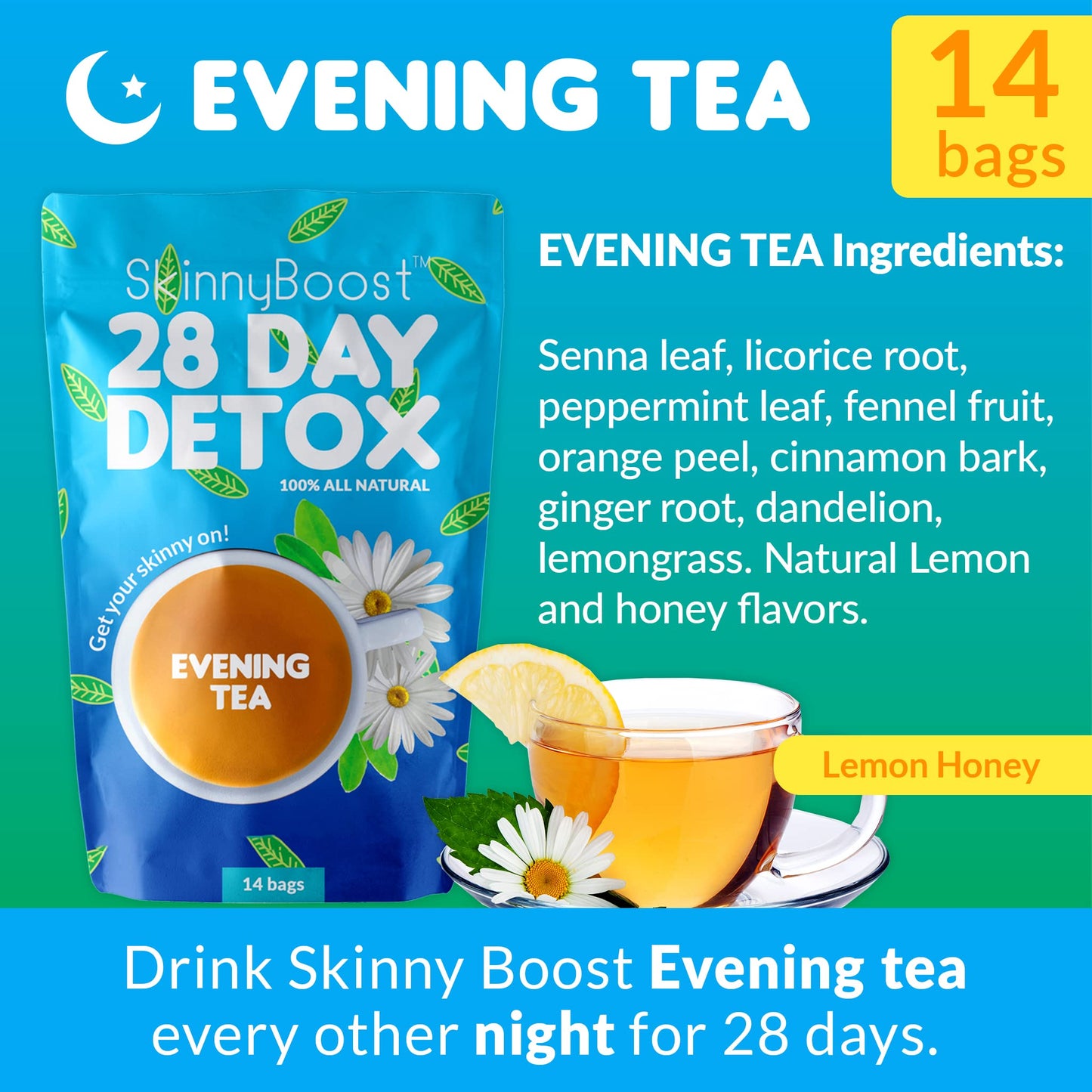 Skinny Boost Tea Kit-1 Daytime Tea (28 Bags) 1 Evening Detox Tea (14 Bags), Lean Greens Plus Superfood Powder, FREE Tumbler, Non GMO, Vegan, All Natural Detox and Cleanse