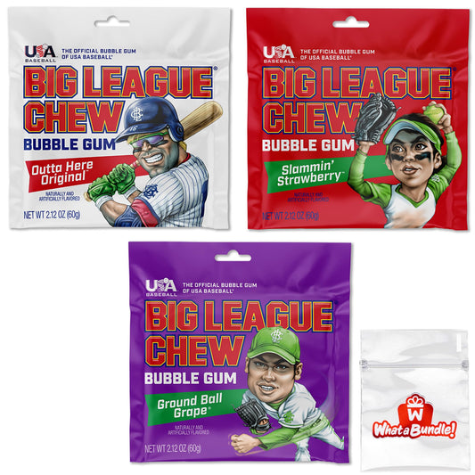 Big League Chew Bubble Gum Variety Pack  Original Grape and Strawberry Flavors  3 Individual 212oz Packets  Fun Baseball Snacks For Parties Teams and Kids  WhataBundle With Pocket Bag