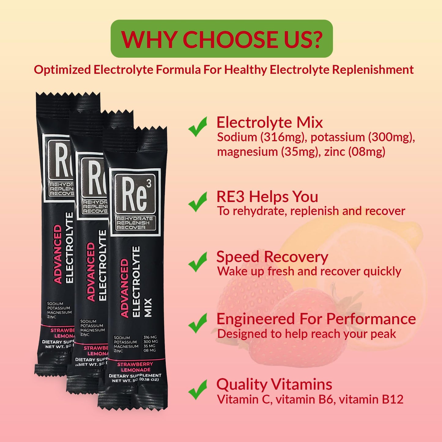 Re3 - Rehydrate - Replenish - Recover Electrolyte Powder Packets. No Sugar, 6 Cal, 2 Carbs. The Best Mix of Vitamins and Minerals (Strawberry Lemonade)