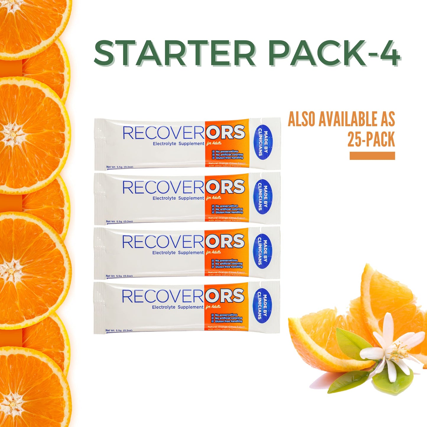 RecoverORS 8 in 1 Electrolyte Powder & Advanced Vitamin C Defense Hydration Pack, Dual Keto Food Friendly & Potassium Supplement Booster, Adult Low Carb Oral Rehydration Solution Drink Mix (4-Pack)