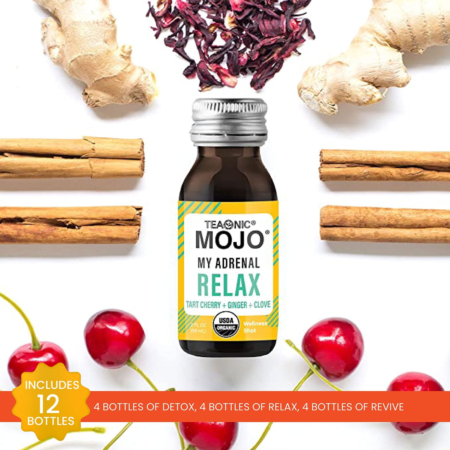TEAONIC Wellness Shots - Variety Pack: Relax, Revive, Detox Shots, USDA-Certified Organic Wellness Shots, 12 Pack, 2 Fl. Oz Each