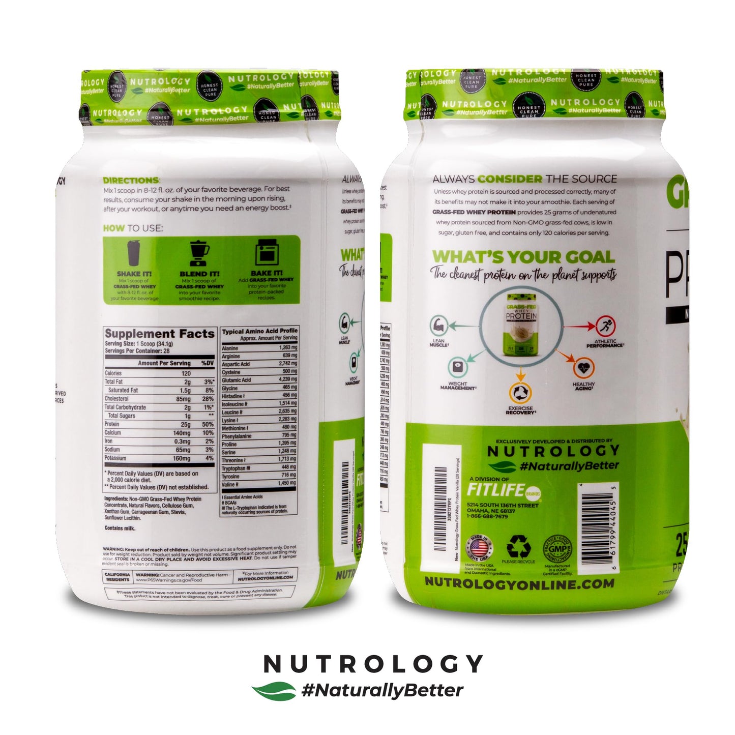 Nutrology Grass Fed Whey Protein Powder, Vanilla Ice Cream Flavor, Supports Lean Muscle Recovery & Performance, Cold Processed Grass Fed Whey and Amino Acid Powder, Shake, Blend or Bake, 28 Servings