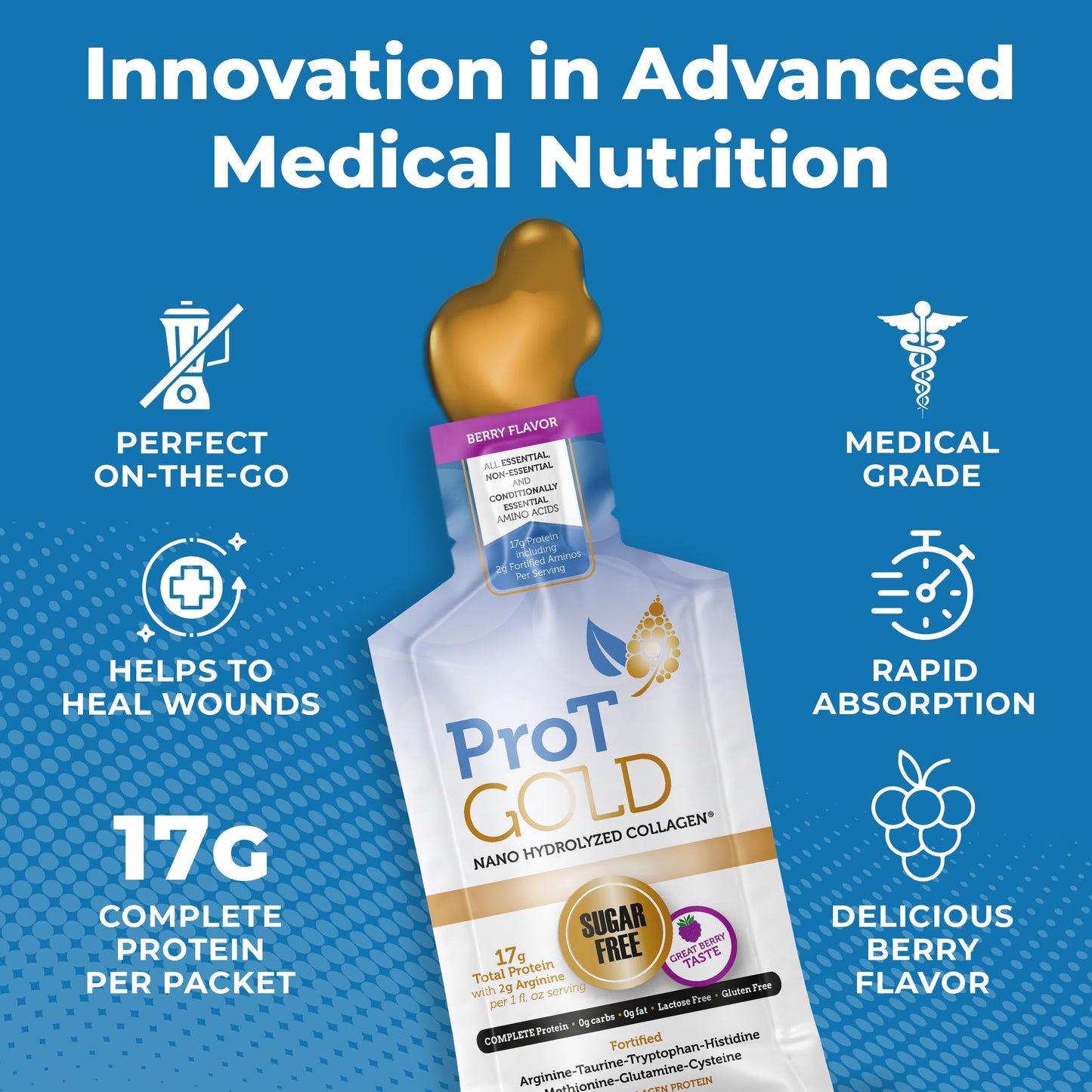 ProT Gold Liquid Collagen Protein Shot, 17g Clear Protein Nano-Hydrolyzed Grass Fed Collagen, 2g Arginine for Wound Support, Gluten Free, Sugar Free, 0g Carbs, Non GMO, Berry, 1 fl oz, 24 Pack
