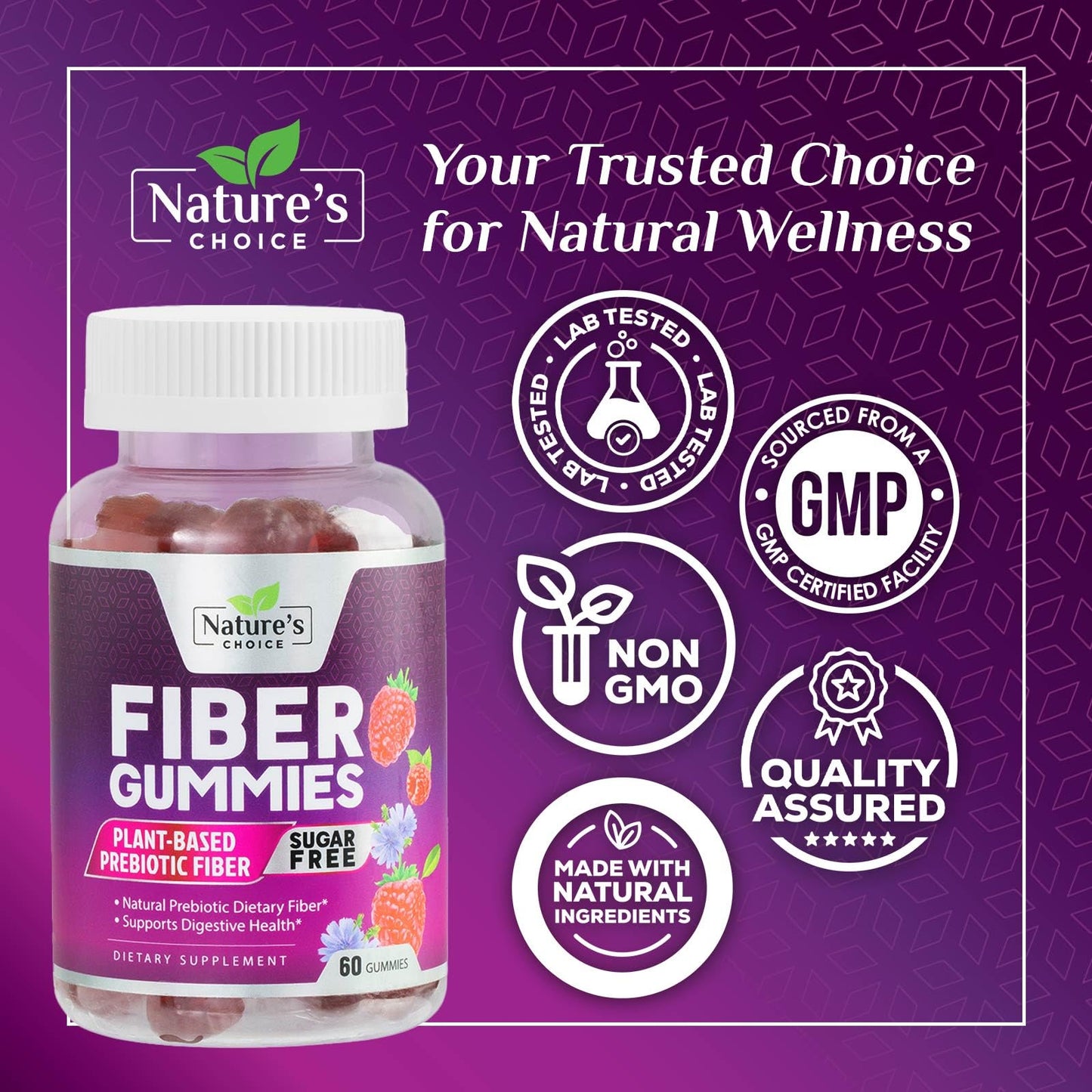 Sugar Free Fiber Gummies for Adults, 4G Daily Prebiotic Natural Soluble Fiber Supplement & Digestive Health Support - Regularity & Digestion Health Support, Plant Based Berry Flavor - 60 Gummies
