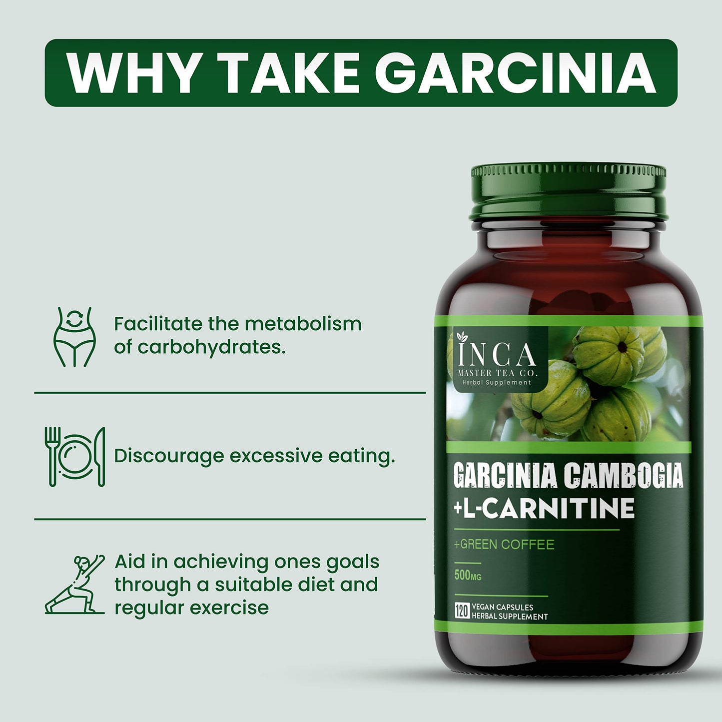 INCA MASTER TEA - 1600mg Garcinia Cambogia & L-Carnitine Complex - Belly Fat Burner for Women & Men - 120 High Potency Diet Pills - Fast Acting Best Hunger Suppressant for Your Fitness