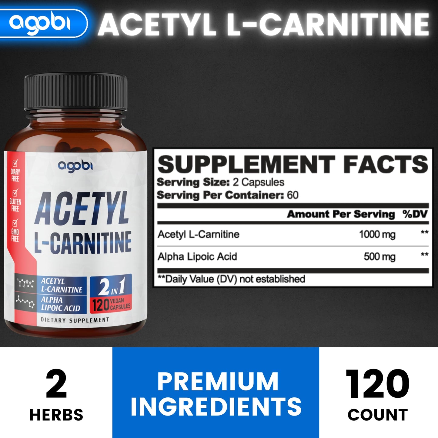 agobi Acetyl L-Carnitine & Alpha Lipoic Acid Complex 1500mg - Supplement for Brain Health, Memory, Focus & Mood Support - 120 Vegan Capsules for 2 Month Supply - Gluten-Free, Non-GMO