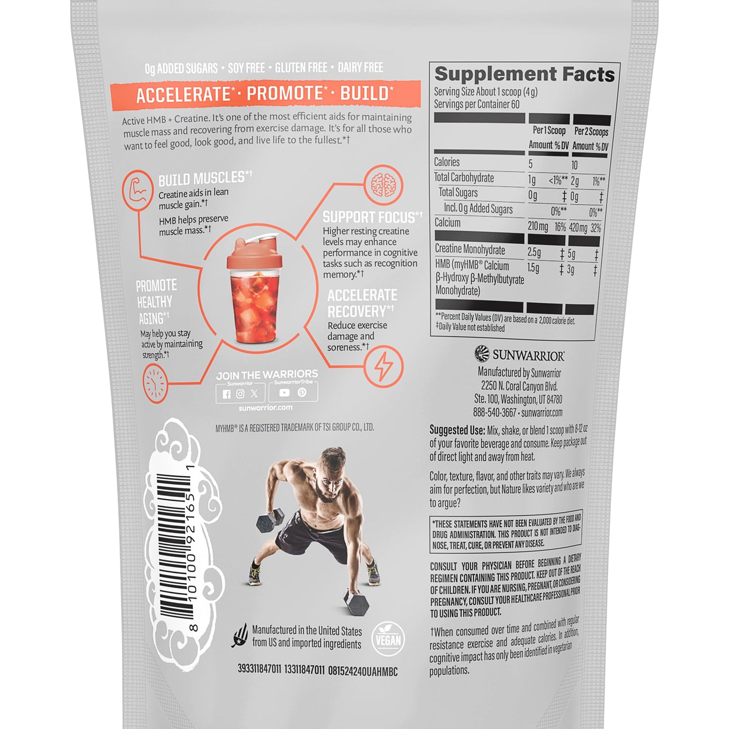 Sunwarrior HMB + Creatine Monohydrate Powder Micronized PreWorkout Leucine Recovery Supplement for Men & Women 240g Pouch | Unflavored 30 Servings