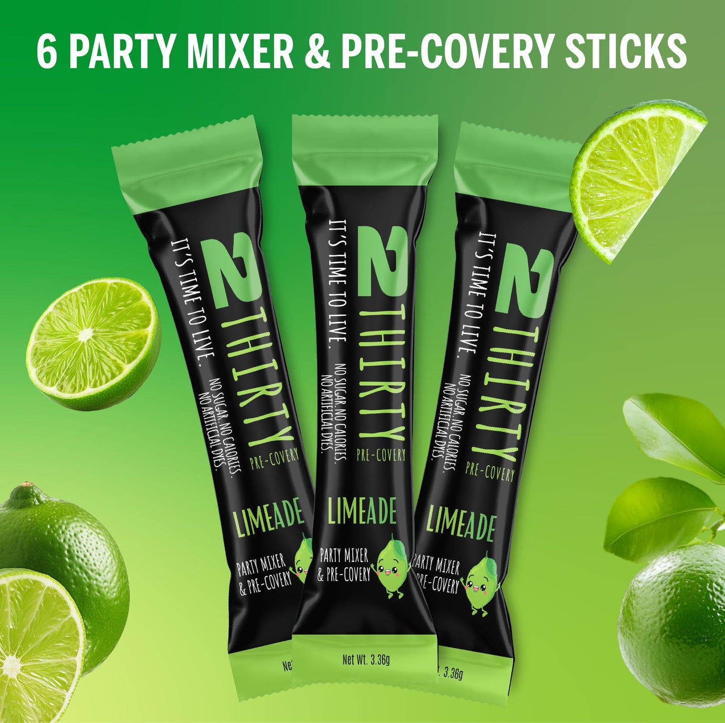 2THIRTY Hydration & Precovery Mixer | No Sugar, Zero Calories | Electrolyte Powder Packets + Vitamin B12, Aminos & Natural Herbs (6 Pack, Limeade)