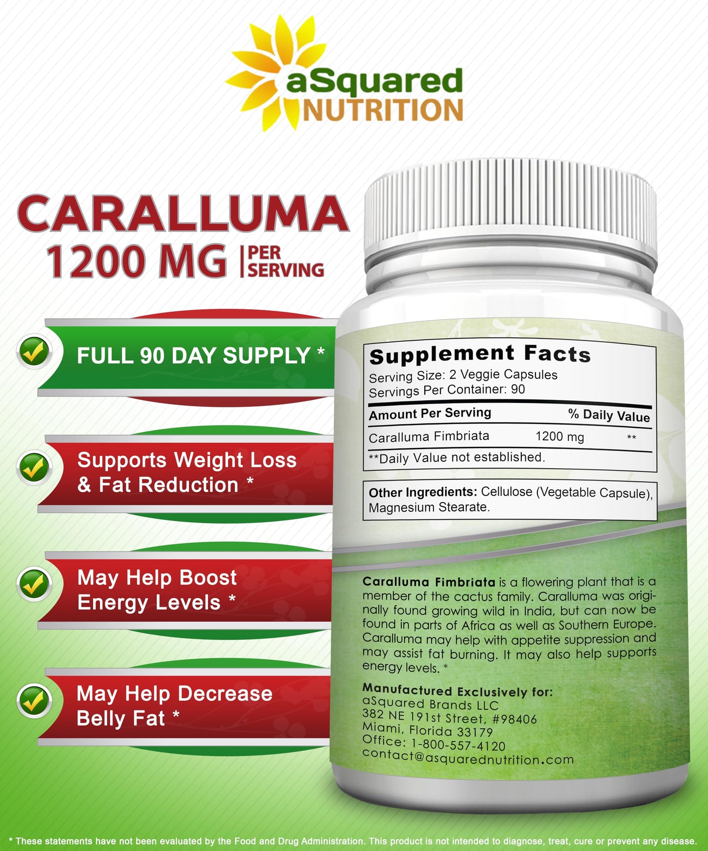 aSquared Nutrition Caralluma Fimbriata 1200mg - 180 Capsules, Natural Extract Weight Loss Diet Pill Supplements, Plant Root Appetite Suppressant & Pure Energy Booster, Max Strength Slim Lean Fat Burn