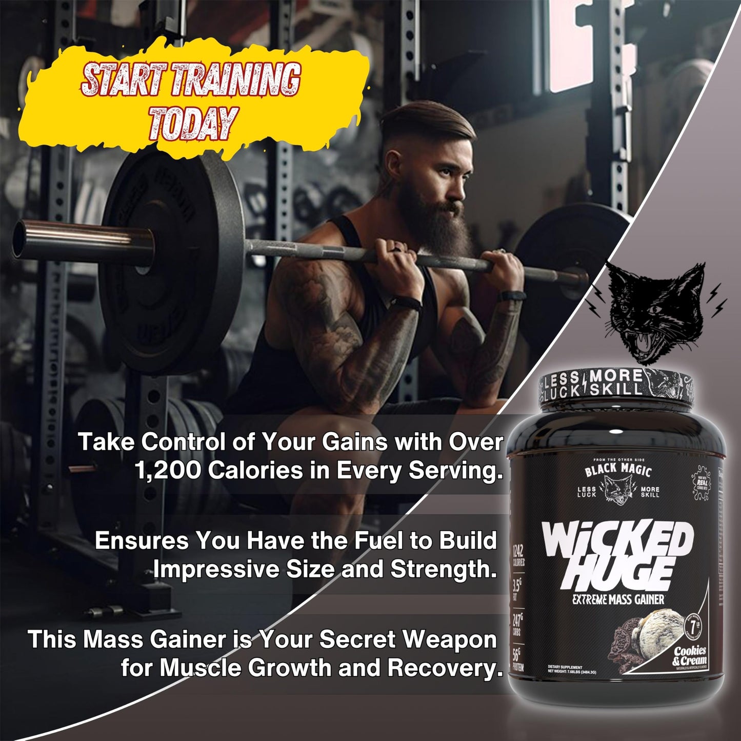 Worldwide Nutrition Bundle Compatible with Black Magic Wicked Huge - Mass Gainer Cookies and Cream Flavor for Muscle Support and Recovery, 7.68 LBS Protein Powder Supplement with Keychain