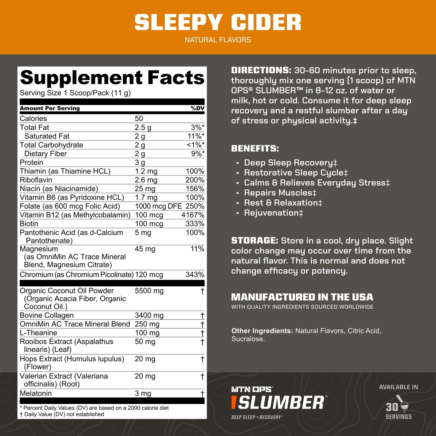 MTN OPS Slumber Deep Sleep & Muscle Recovery Supplement - 30 Servings, Sleepy Cider
