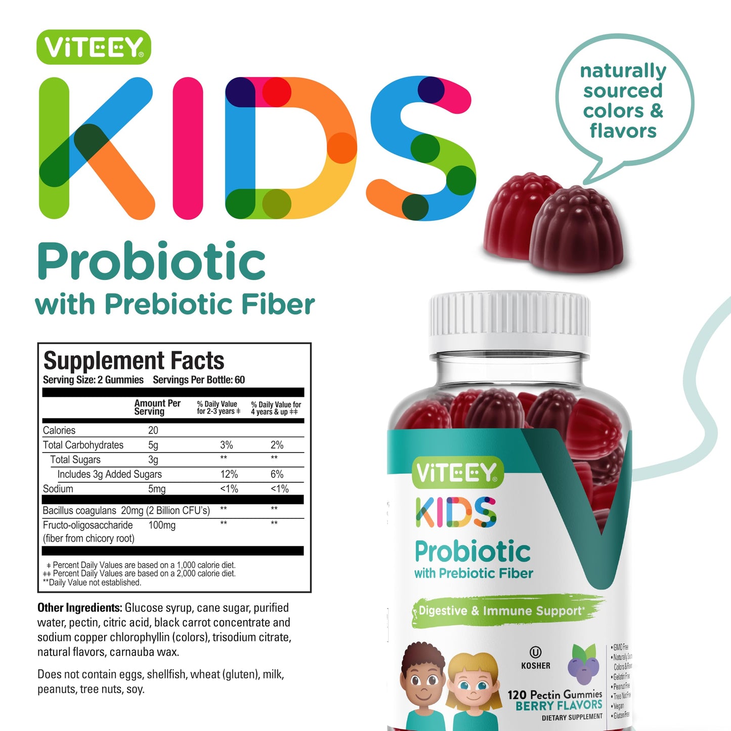 Probiotic Gummies for Kids Plus Prebiotics Fiber - 2 Billion CFUs - Digestive Health,Gut Health, Constipation Relief for Kids Support - Vegan, Gelatin Free - Chewable Probiotic Berry Flavored Gummy
