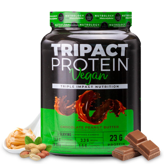 Nutrology TRIPACT Vegan Protein Powder - Vegan Meal Replacement Shakes with Organic Pea, Rice, & Pumpkin, Plant Based Protein Powder, BCAAs & Glutamine, Non-GMO, Chocolate Peanut Butter, 20 Servings