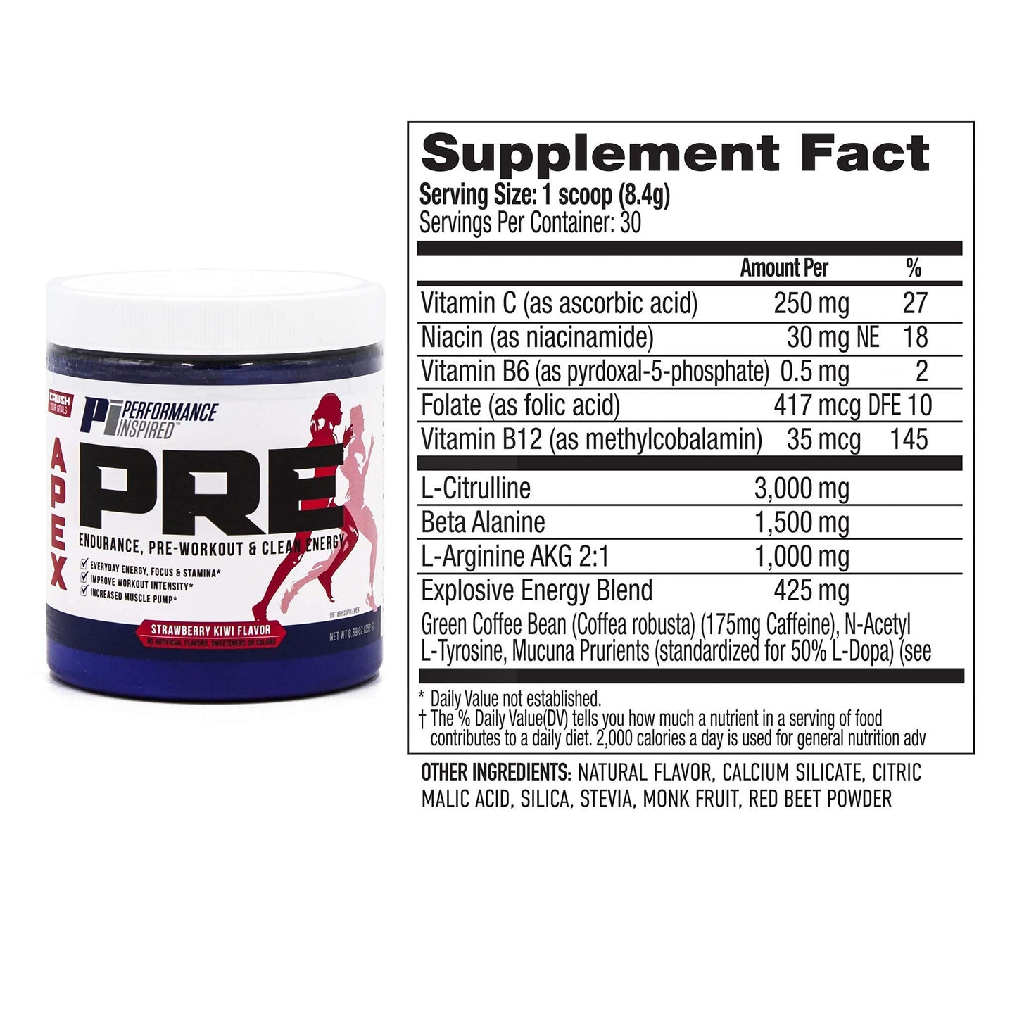 PERFORMANCE INSPIRED Nutrition - APEX Pre Workout Powder - Increase Energy & Endurance - Caffeine - Beta Alanine - All Natural - Vegan Formula - Strawberry Kiwi
