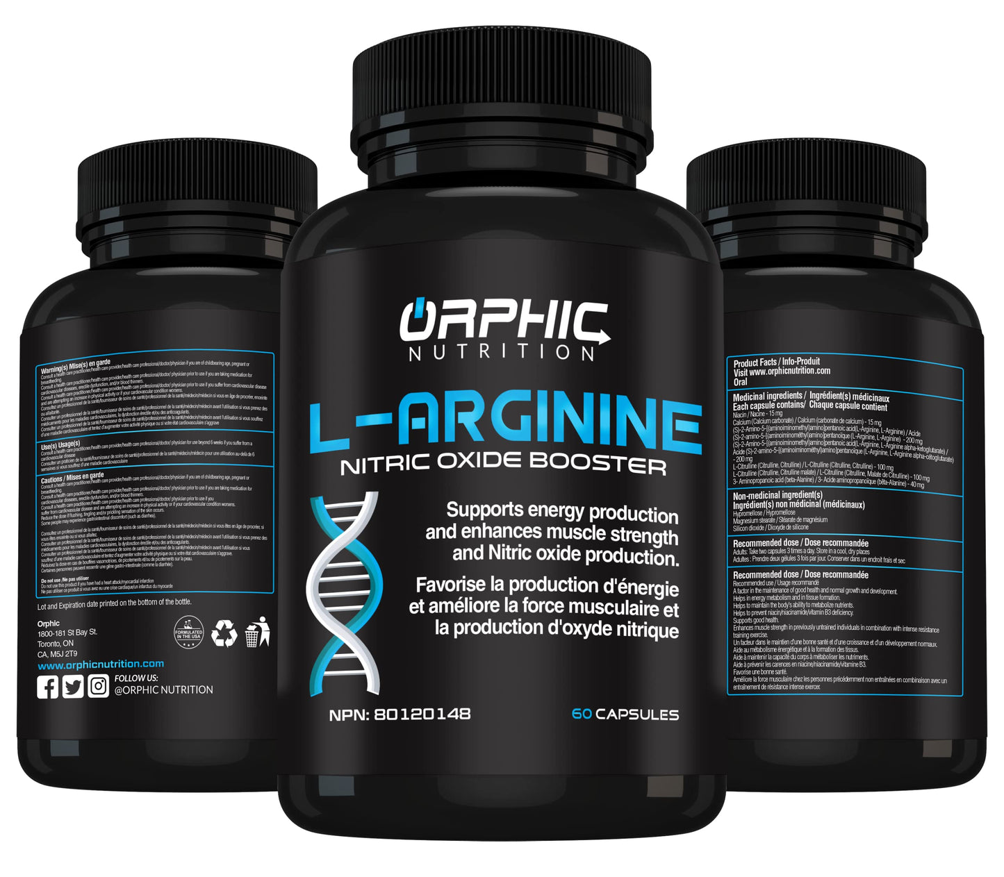 ORPHIC NUTRITION L Arginine Supplement for Men 1000mg+ - 60 Capsules - L Citrulline and Nitric Oxide Supplement to Support Muscle Health, Exercise Endurance, Vascularity, Heart Health, Energy Levels*