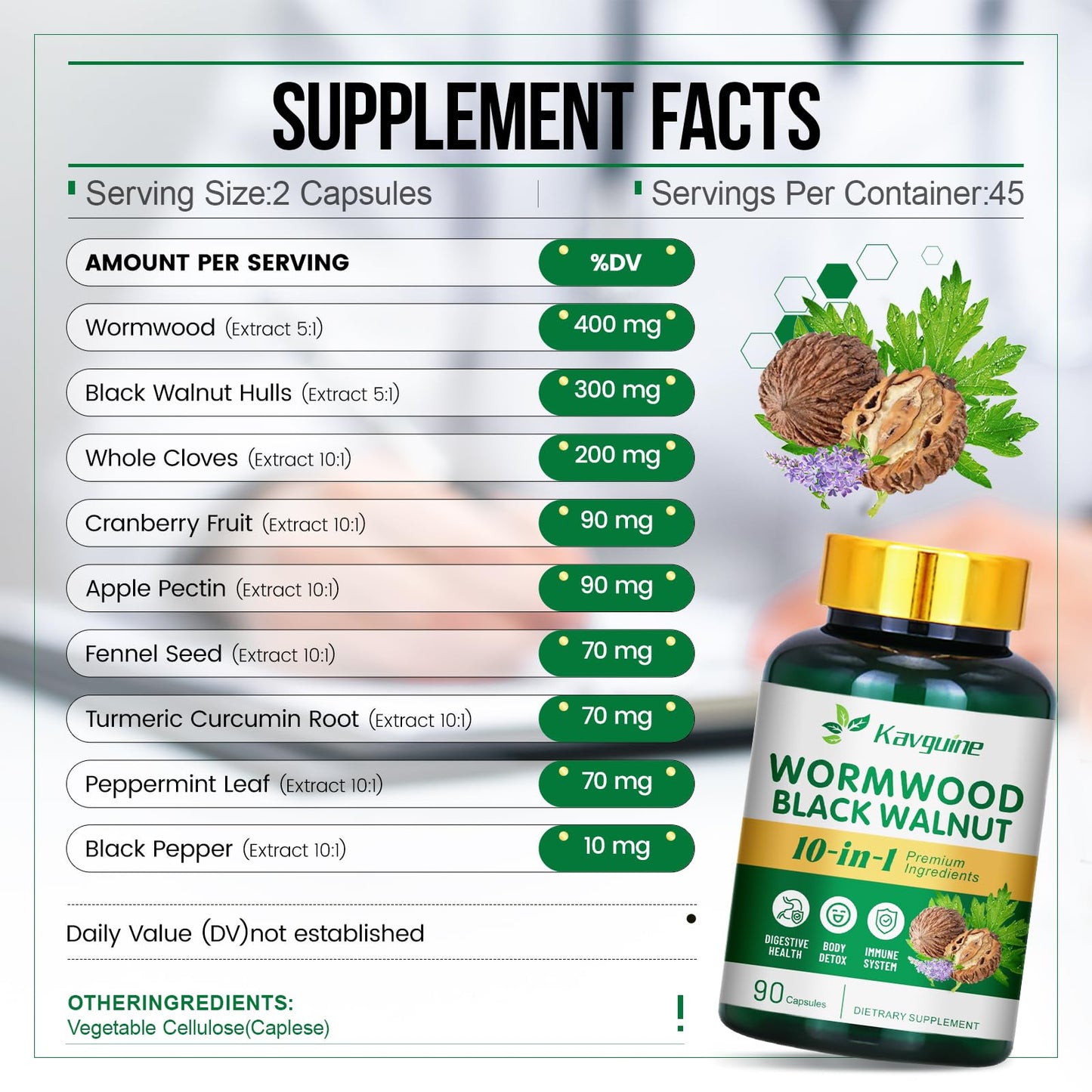 Kavguine,10 in 1 Wormwood Capsules, Black Walnut Hulls Cloves Black Pepper urmeric Curcumin Root Peppermint Leaf, DIigestive Health, Body Detox, 90 Capsules