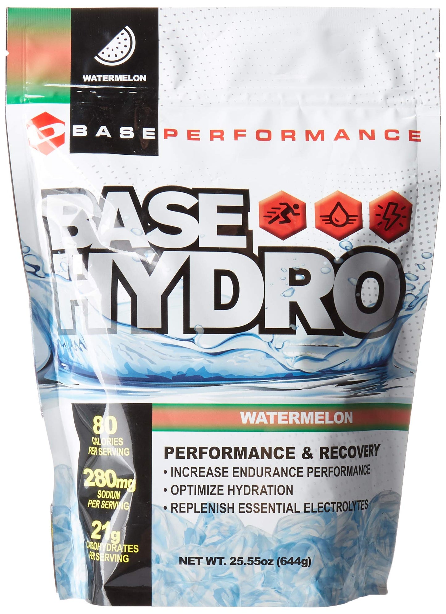 BASE Performance Hydro - Watermelon | 28 Servings Within Each eco-Friendly Mylar Bag | Blend of Dextrose, Fructose, maltodextrin and Essential Electrolytes. (Watermelon)