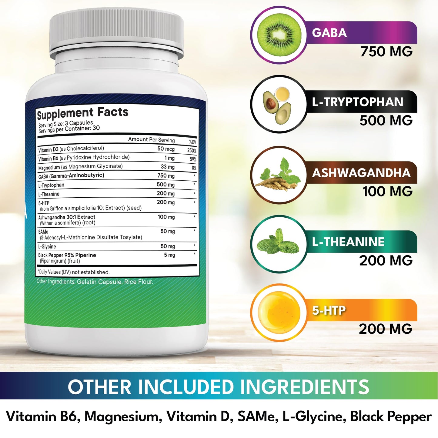 NEW AGE GABA 750mg 5 HTP 200mg L Tryptophan 500mg L Theanine 200mg Ashwagandha SAM-e L-Glycine - Vitamins for Women and Men with L-Tyrosine 5-HTP (5-Hydroxytryptophan) - 90 Count