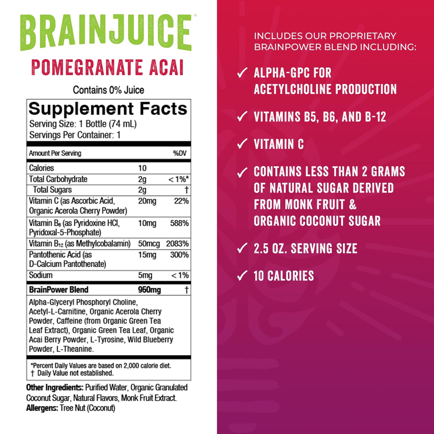 BrainJuice Brain and Immune Support Shot, Gluten Free Supplement Shots for Energy, Focus, Immunity with Vitamin D, C B, Alpha GPC & Organic Ginger Root, Pomegranate Acai, 2.5 fl oz, 12 Pack
