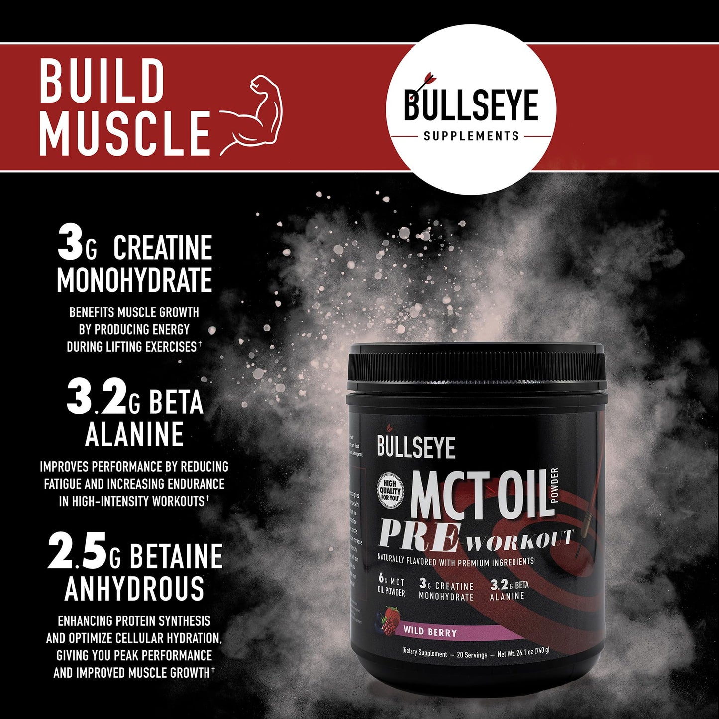 Bullseye MCT Oil Pre Workout Supplement - Creatine Monohydrate, Medium Chain Triglycerides, Beta Alanine, Caffeine, L-Citrulline, Muscle Gainer, Focus, Endurance, Energy -20 Servings - Wild Berry