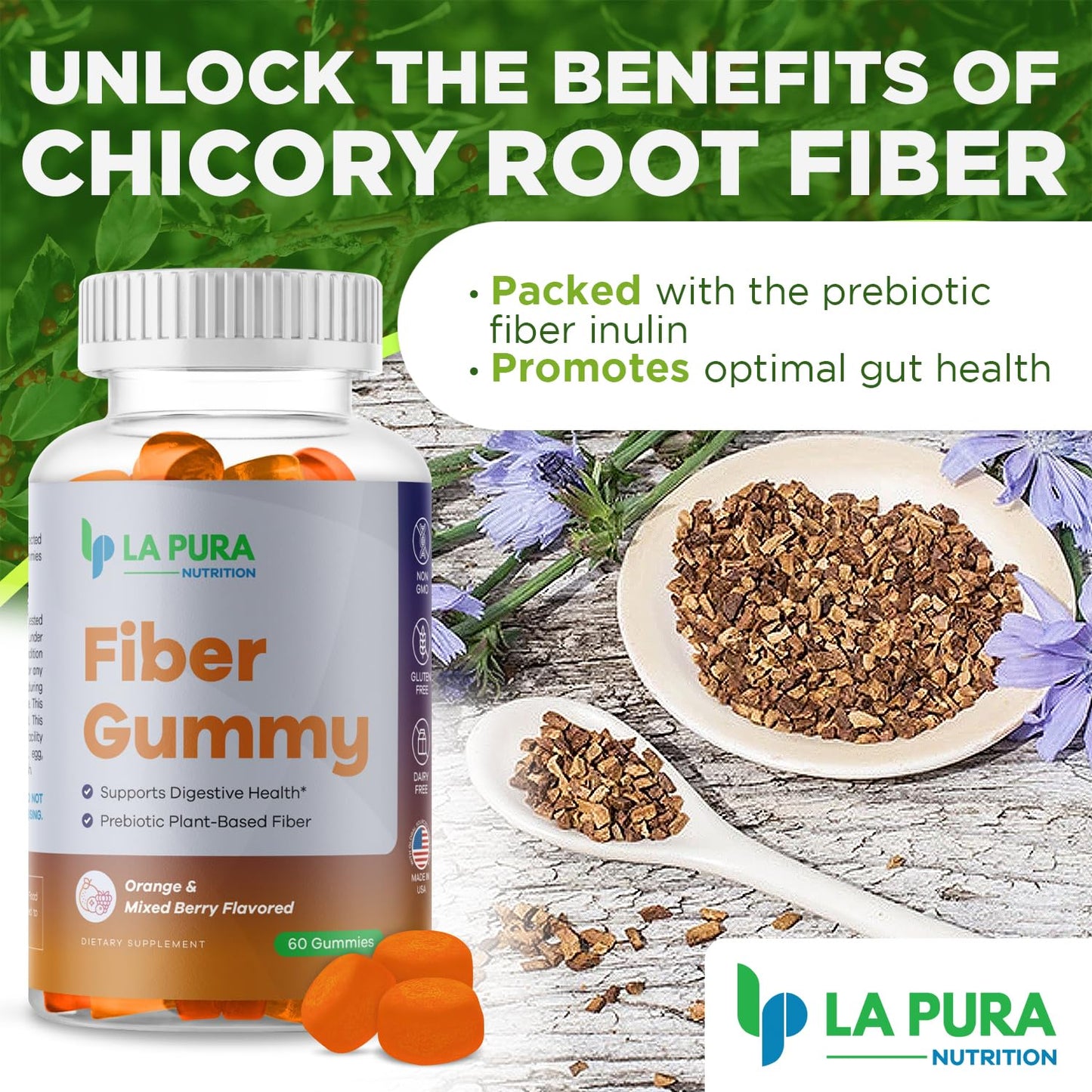 LaPura Prebiotic Chicory Root Fiber Gummy 5g, 60 Gummies - Supports Digestive Health, Prebiotic Plant-Based Fiber Blend - Orange & Mixed Berry Flavor - Non-GMO, Gluten-Free, Made in USA