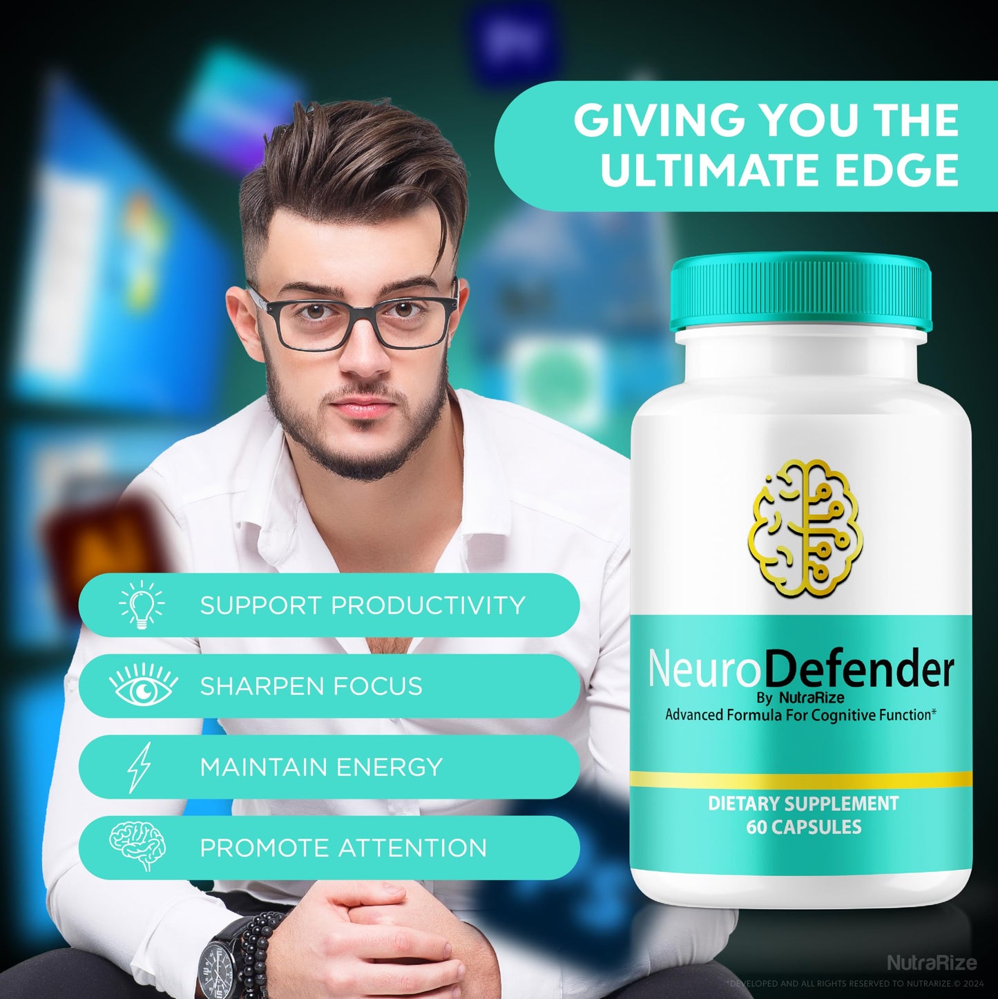 Neuro Defender Pills, Unlock Your Full Potential with Neuro Defender Formula - Supports Memory, Focus & Concentration, for Cognitive Health and Function, Official NeuroDefender (60 Capsules)