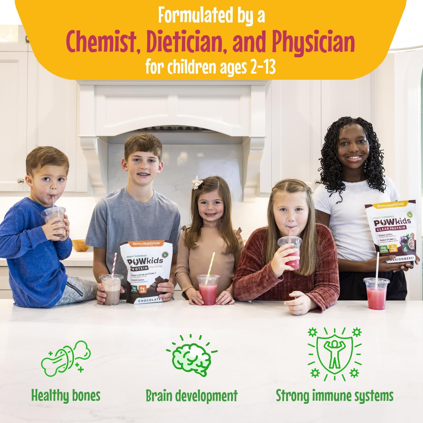 POWkids Passionberry Kids & Teens Protein Powder Shake | 18 gr Grass-Fed Whey, No Added Sugar, Organic Ingredients | Vitamin C & Choline for Immunity & Brain Development | 15-45 Servings