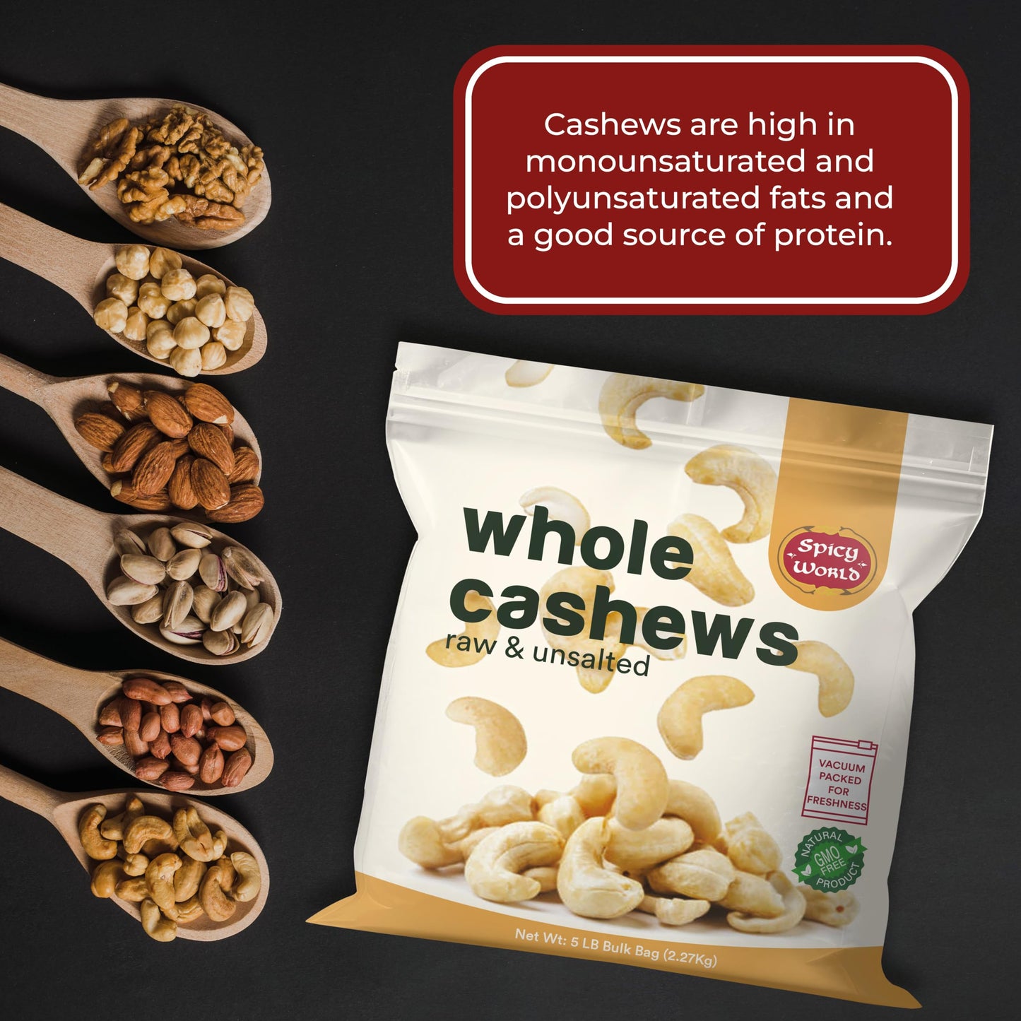 Spicy World Raw Cashews Whole 5 Pound Bulk  Unsalted Natural  Pure No Chemicals