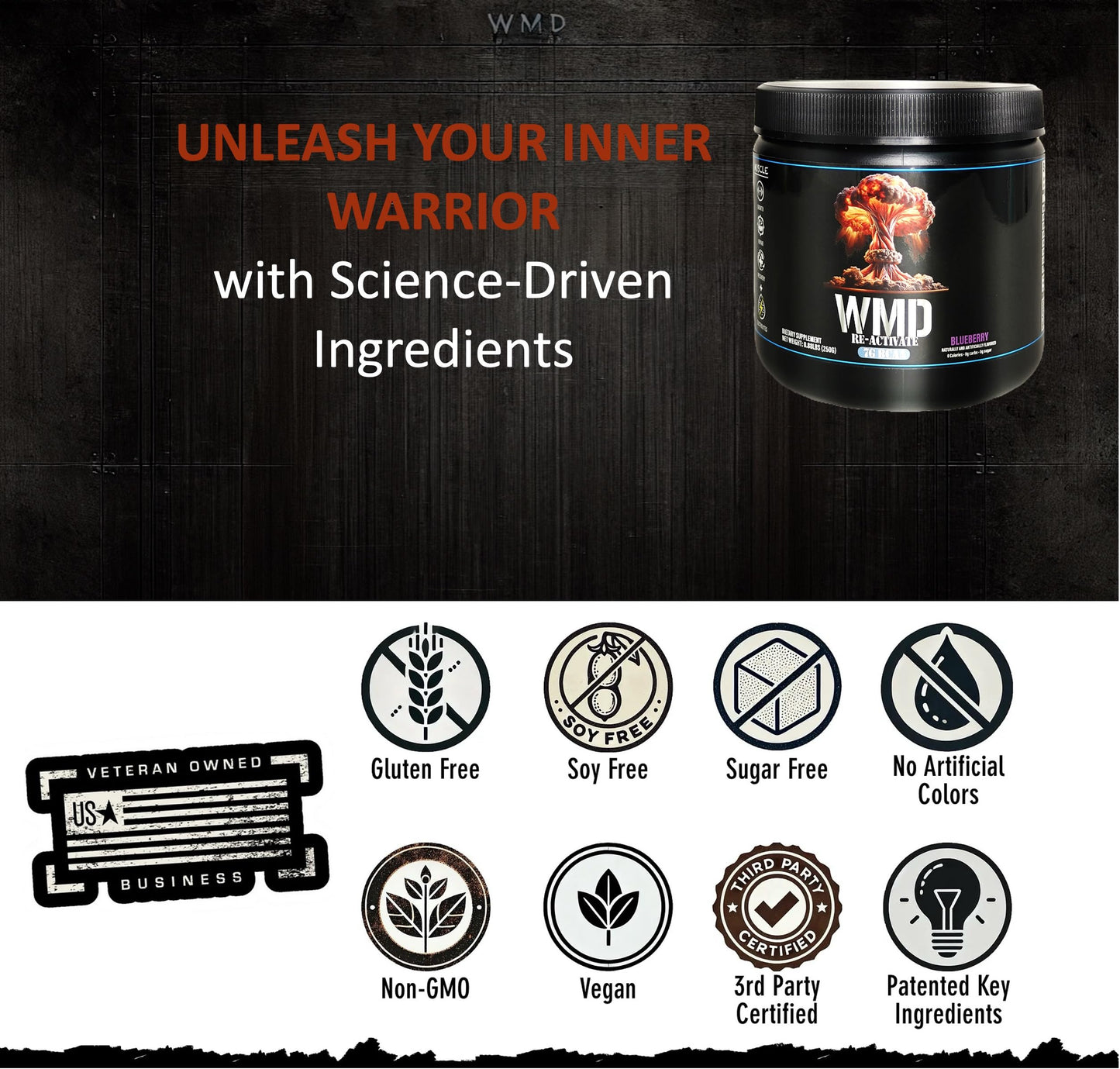 WMD Re-Activate BCAA Powder -- 2:1:1 Amino Acids for Muscle Growth, Repair & Recovery - Gluten Free, Sugar Free, Non-GMO, Vegan, No Artificial Colors, Patented Ingredients -- Blueberry Flavor, 250g