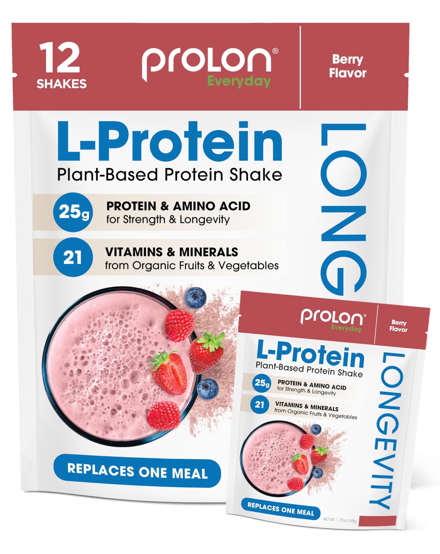 ProLon Longevity Plant Based Protein Powder | Muscle Synthesis & Repair, Healthy Aging, Boost Performance | Vitamins, Gluten Free, Amino Acids, Antioxidants | 25g of Protein | Berry, 12 Packets