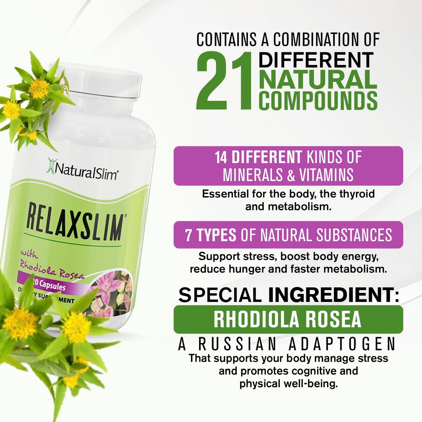 NaturalSlim Relaxslim Rhodiola Rosea & Adaptogenic Herb for Brain, Mood, Metabolism, Tension & Energy Support Supplement - 21 Different Natural Compounds Help Control Appetite - 120 Capsules