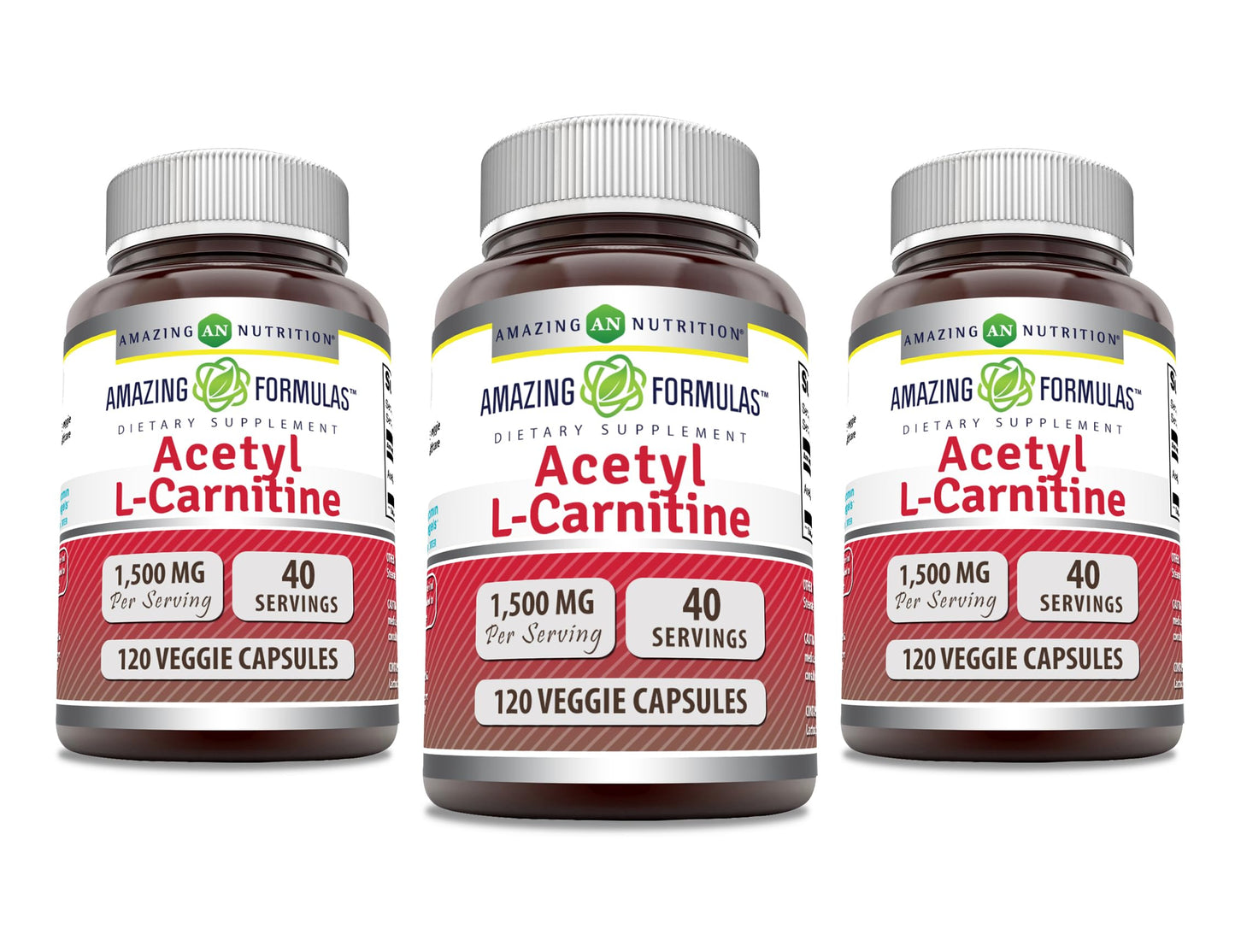 Amazing Formulas Acetyl L-Carnitine 1500 Mg Per Serving Veggie Capsules Supplement | Non-GMO | Gluten Free | Made in USA | Suitable for Vegetarians (120 Count) | Pack of 3