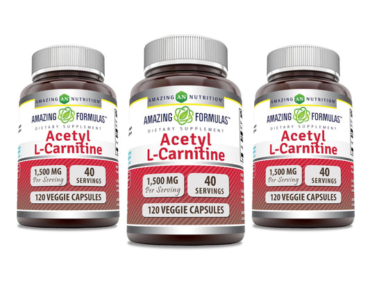 Amazing Formulas Acetyl L-Carnitine 1500 Mg Per Serving Veggie Capsules Supplement | Non-GMO | Gluten Free | Made in USA | Suitable for Vegetarians (120 Count) | Pack of 3